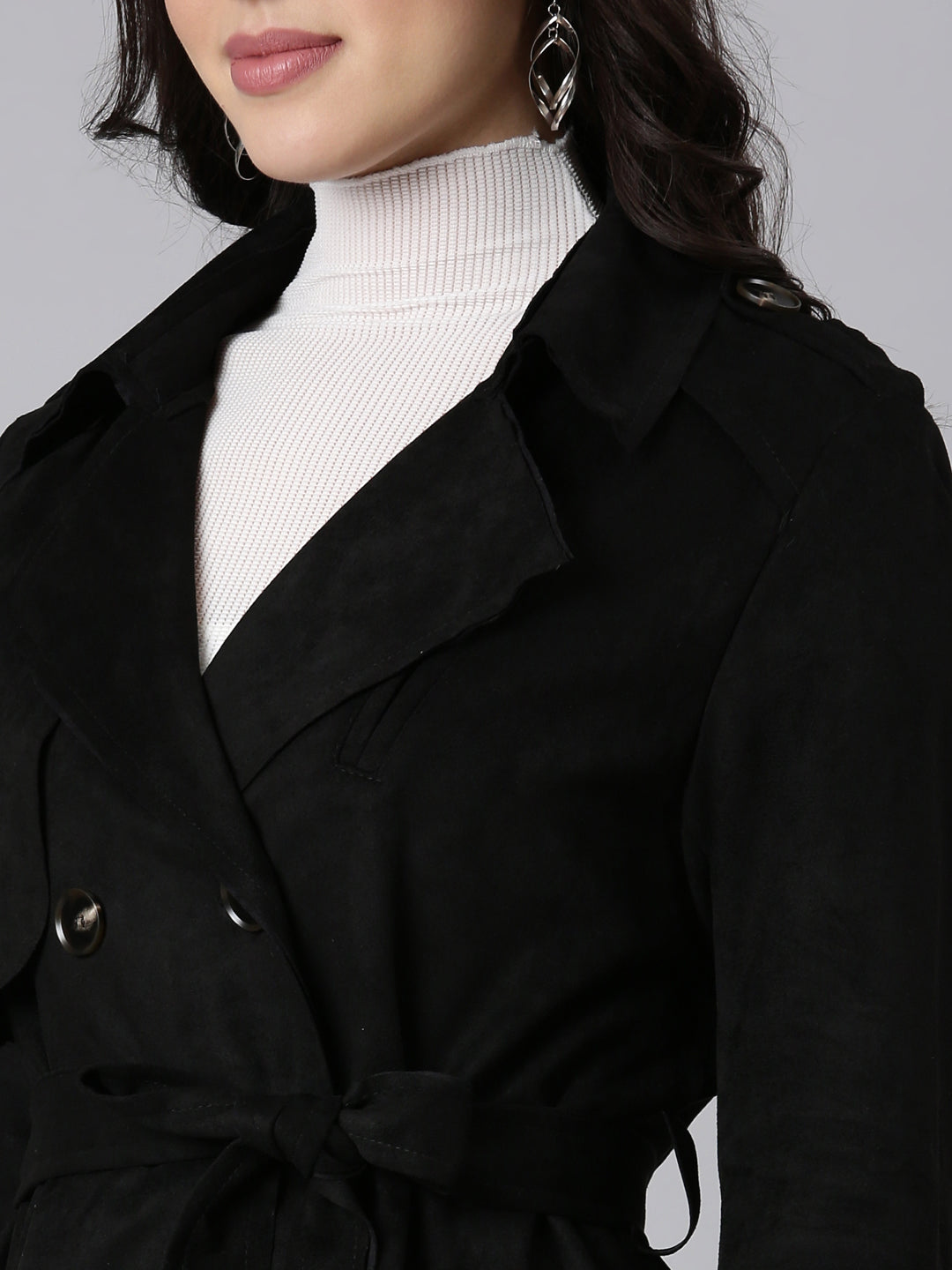Women's Solid Longline Black Trench Coat with Belt