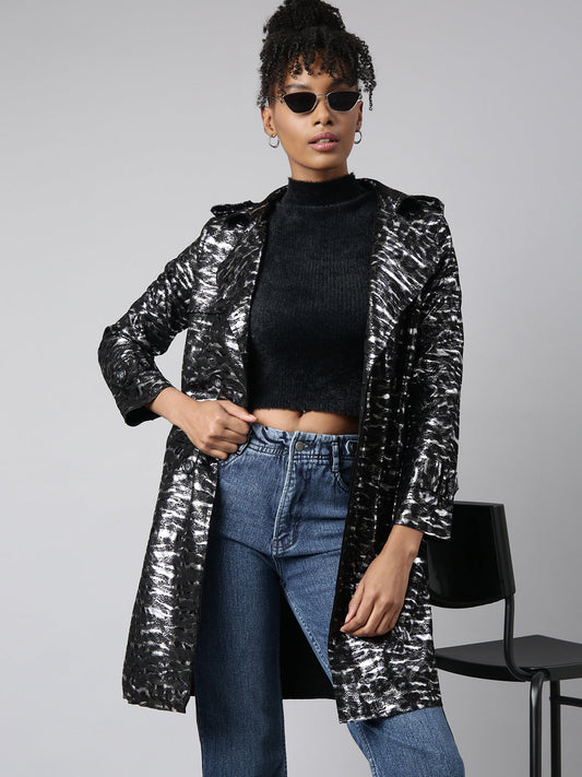 Women's Black Abstract Printed Longline Trench Coat