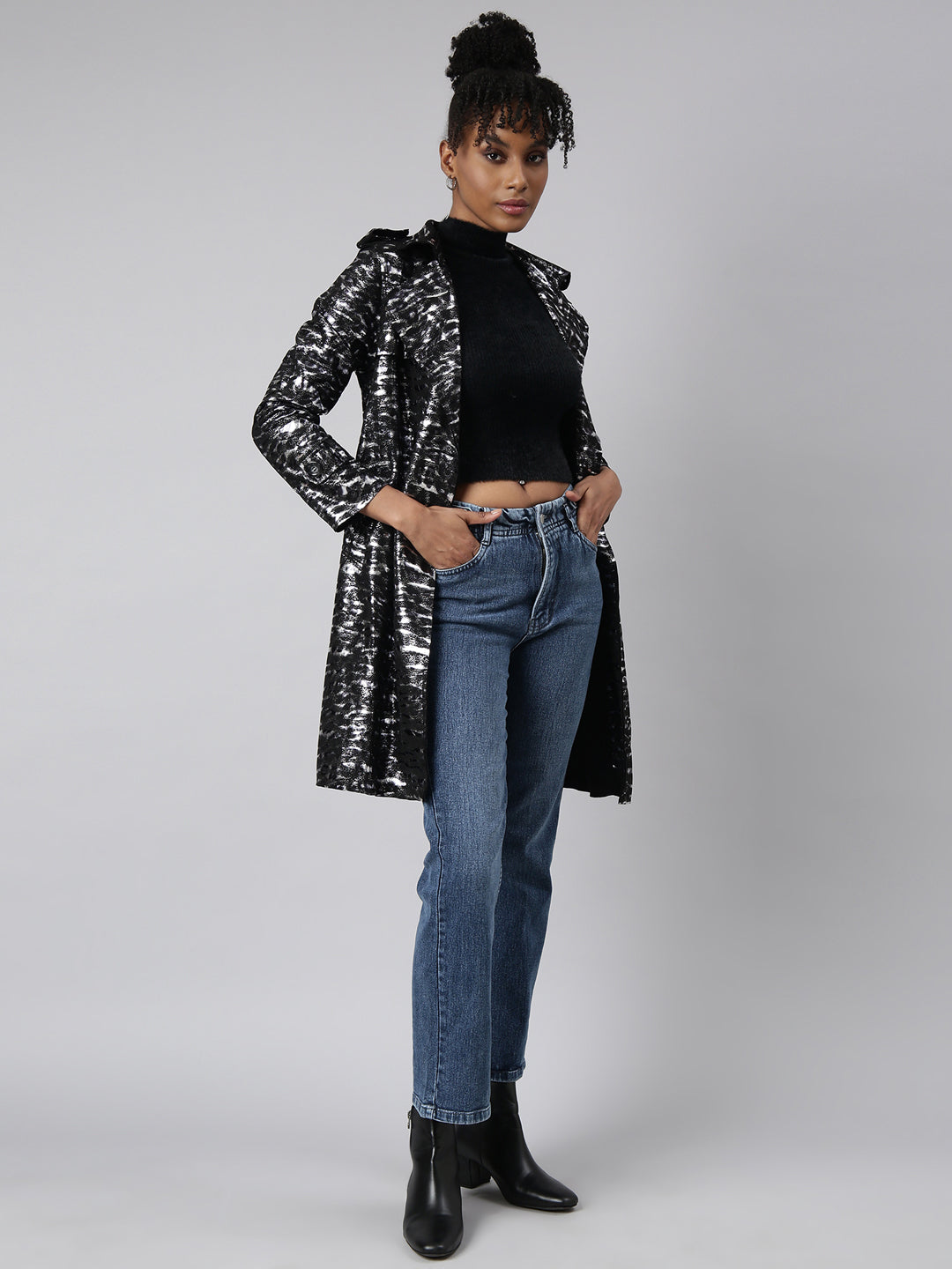 Women's Black Abstract Printed Longline Trench Coat