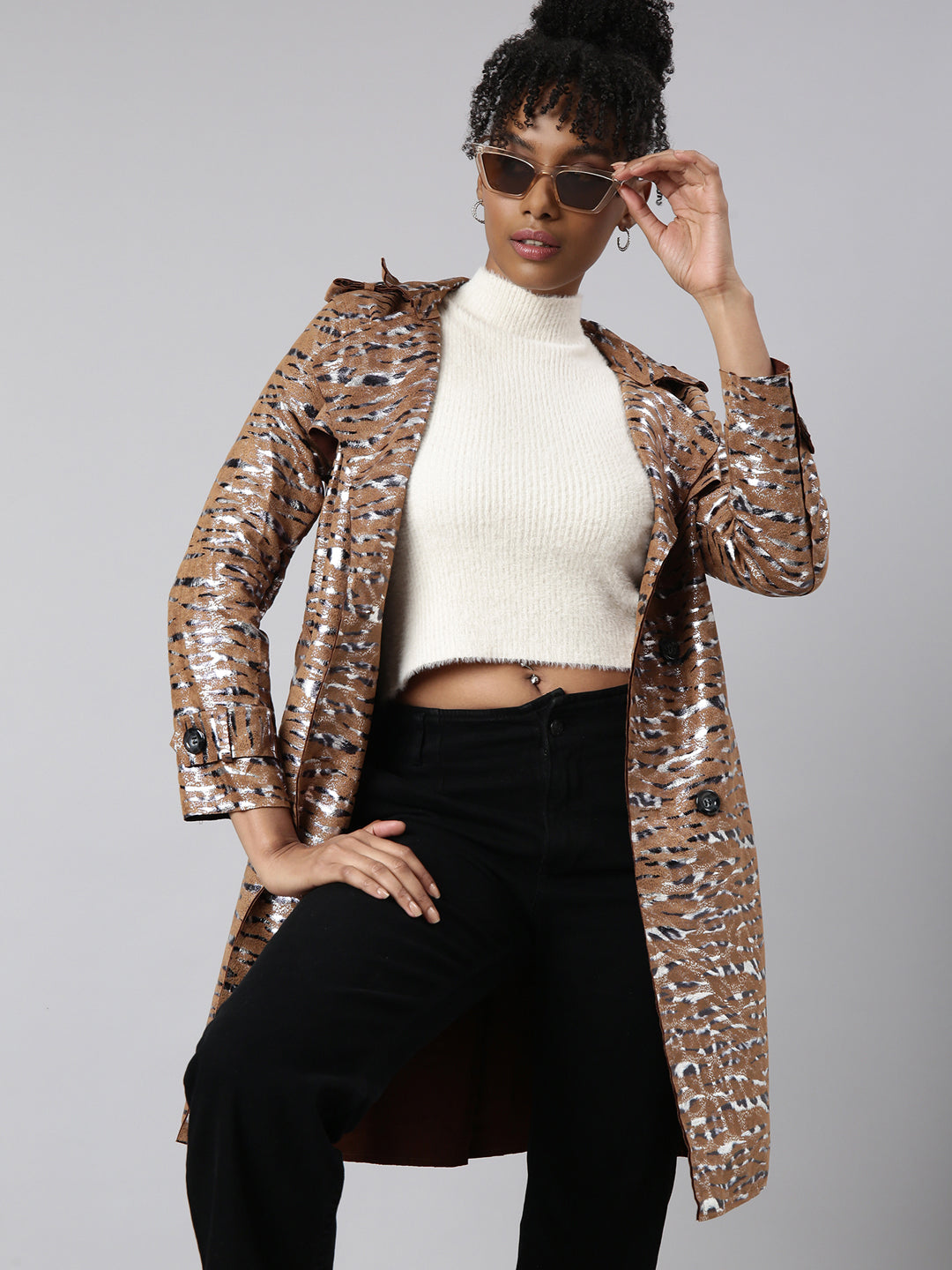 Women's Brown Abstract Printed Double Breasted Notched Longline Trench Coat