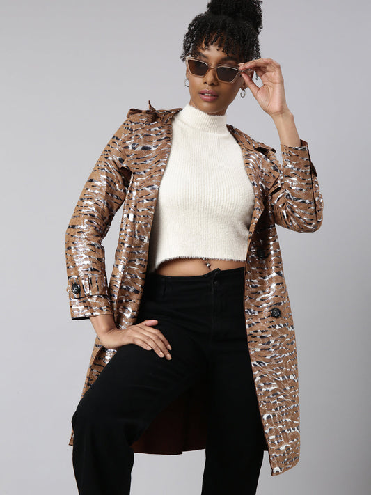 Women's Brown Abstract Printed Double Breasted Notched Longline Trench Coat