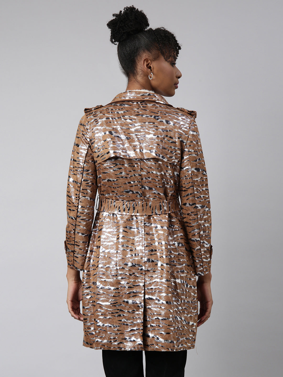 Women's Brown Abstract Printed Double Breasted Notched Longline Trench Coat