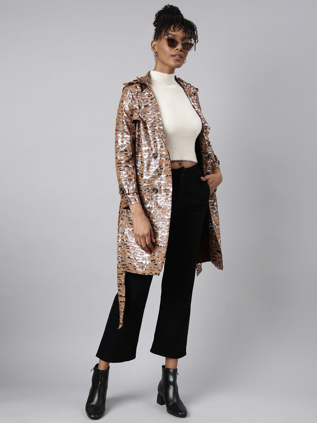 Women's Brown Abstract Printed Double Breasted Notched Longline Trench Coat