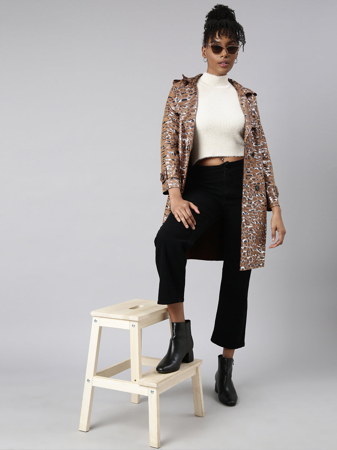 Women's Brown Abstract Printed Double Breasted Notched Longline Trench Coat