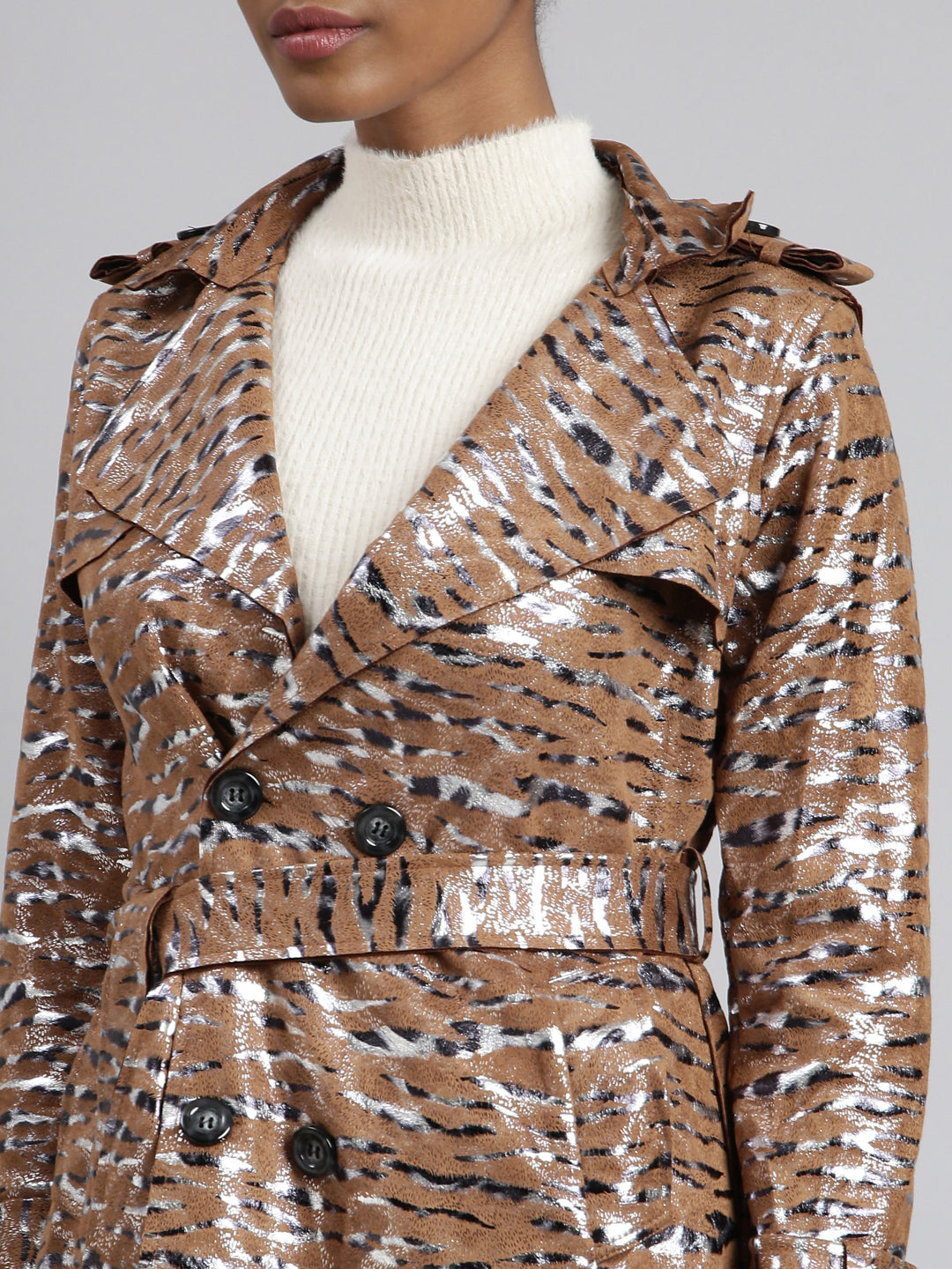 Women's Brown Abstract Printed Double Breasted Notched Longline Trench Coat