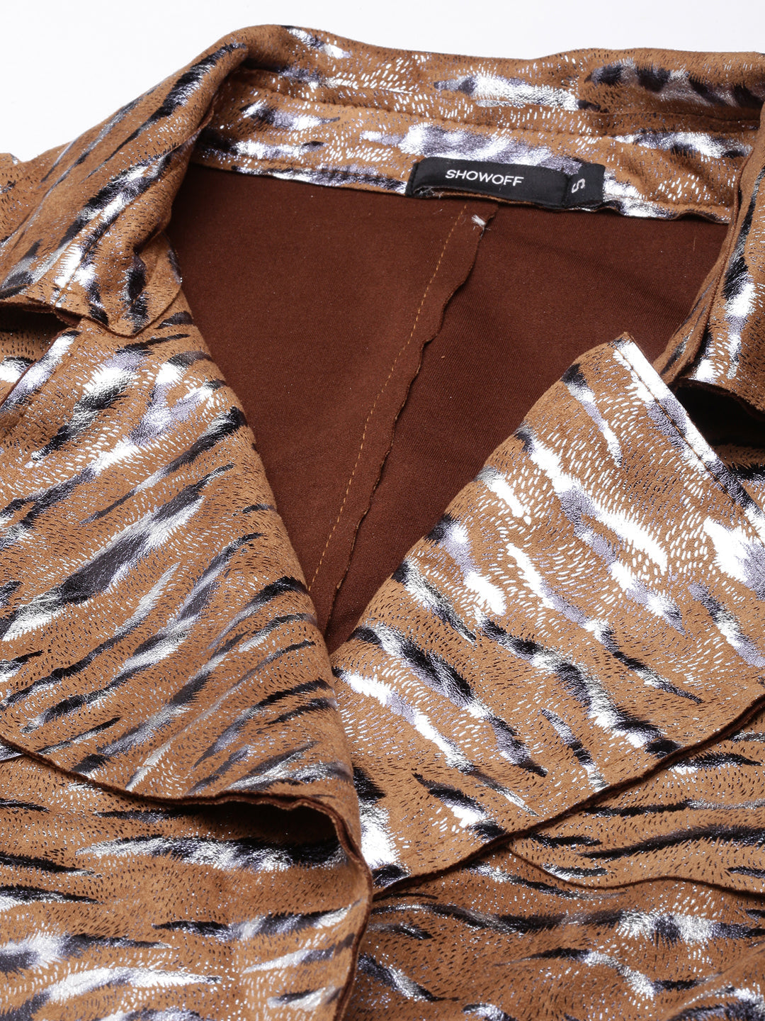 Women's Brown Abstract Printed Double Breasted Notched Longline Trench Coat