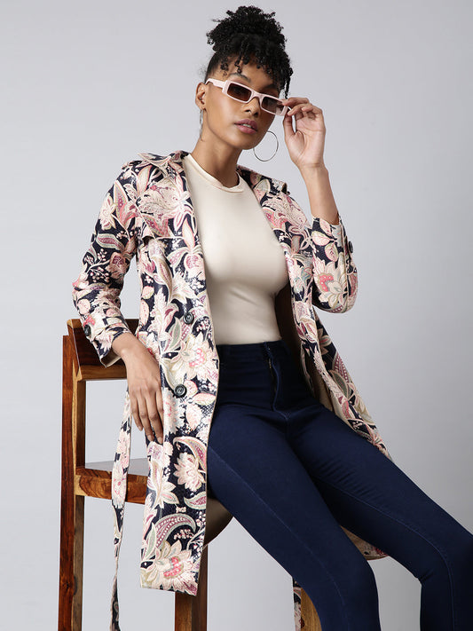 Women's Beige Printed Longline Trench Coat
