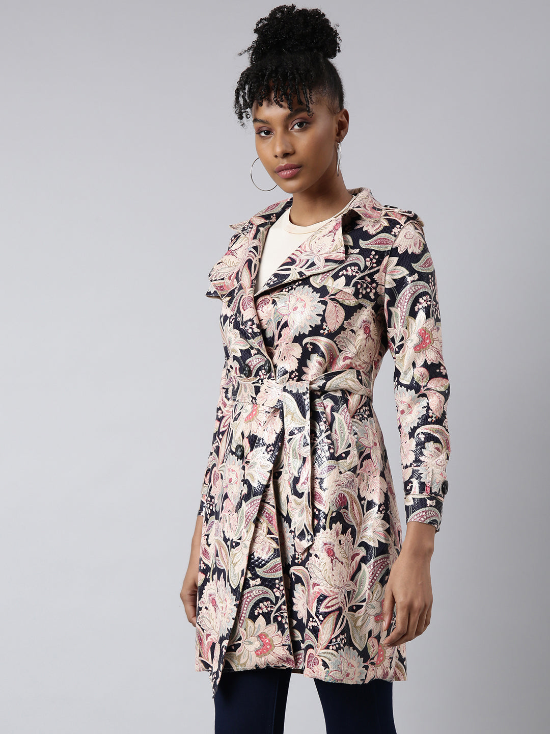 Women's Beige Printed Longline Trench Coat