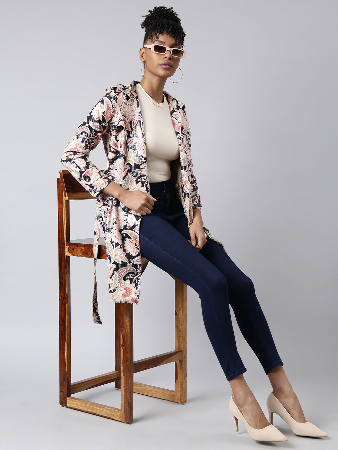 Women's Beige Printed Longline Trench Coat