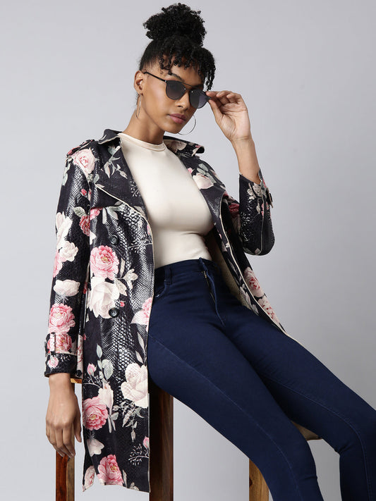 Women's Black Floral Longline Trench Coat