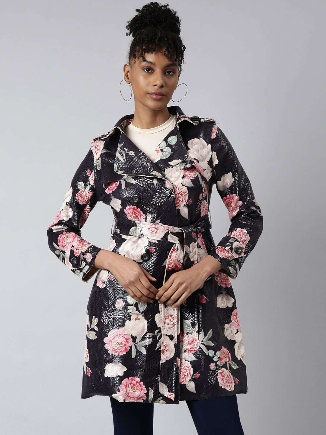 Women's Black Floral Longline Trench Coat