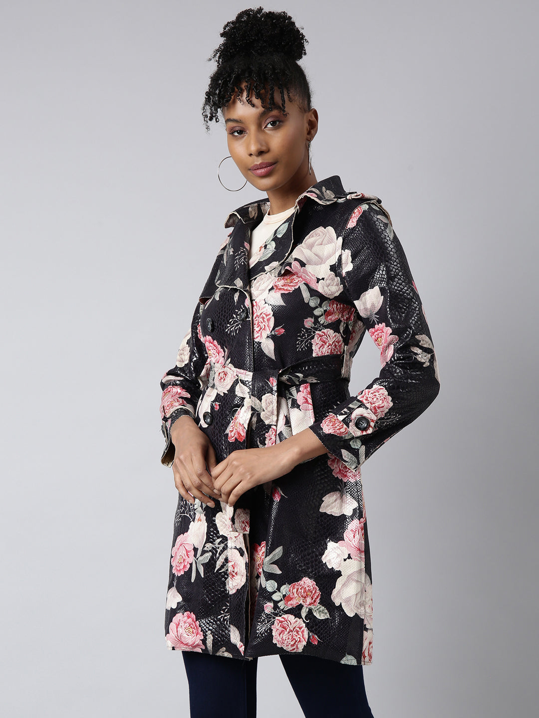 Women's Black Floral Longline Trench Coat