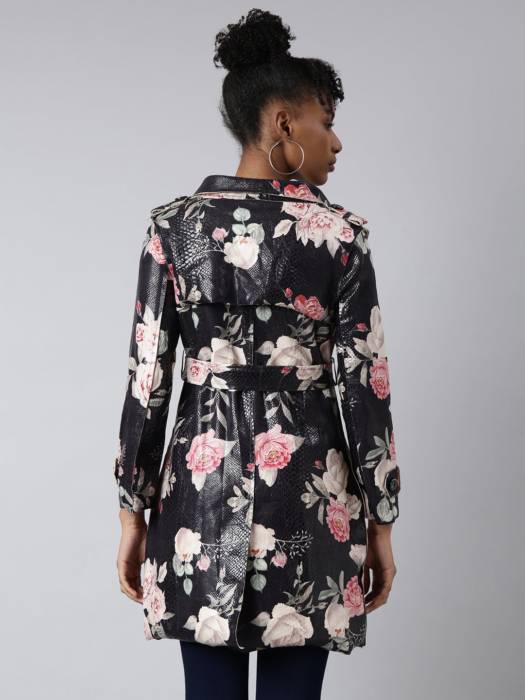 Women's Black Floral Longline Trench Coat