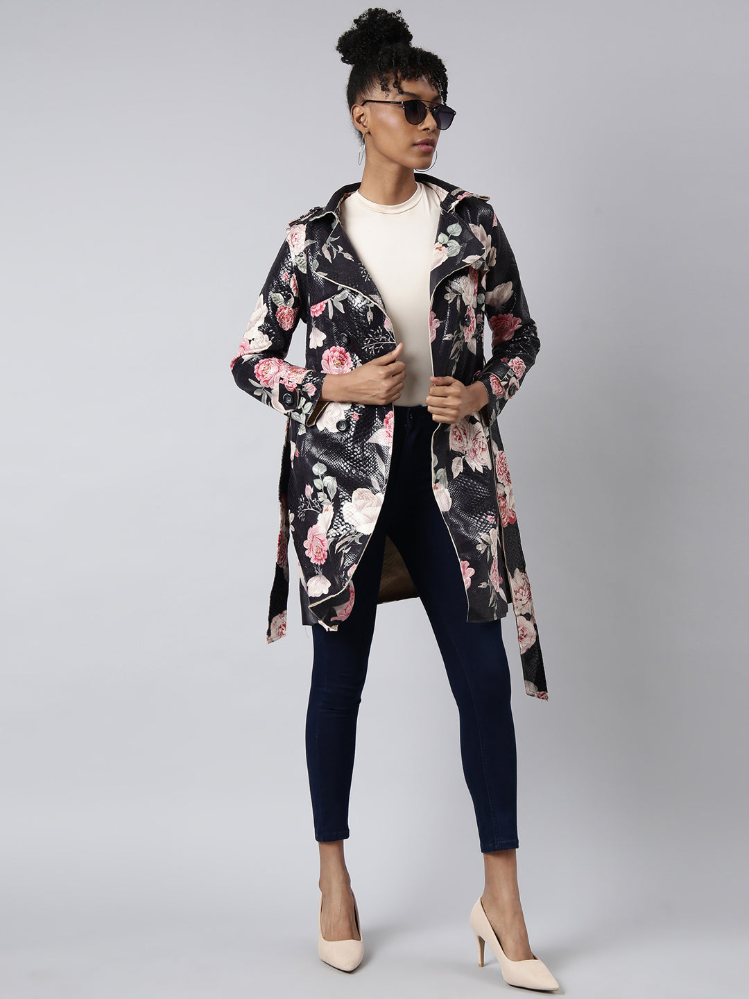Women's Black Floral Longline Trench Coat
