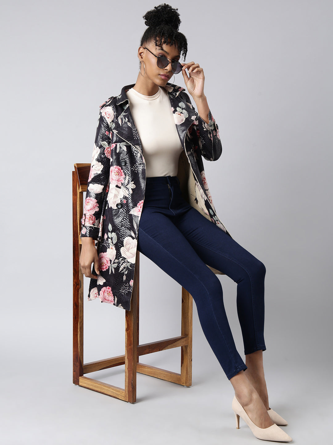 Women's Black Floral Longline Trench Coat