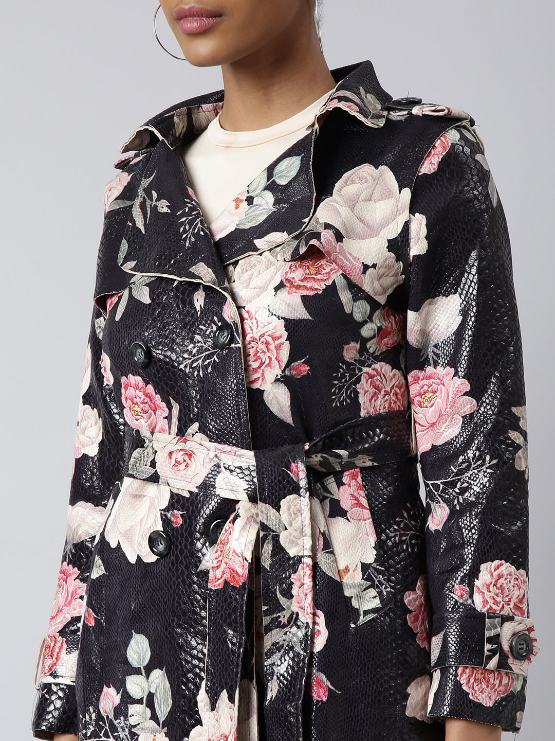 Women's Black Floral Longline Trench Coat