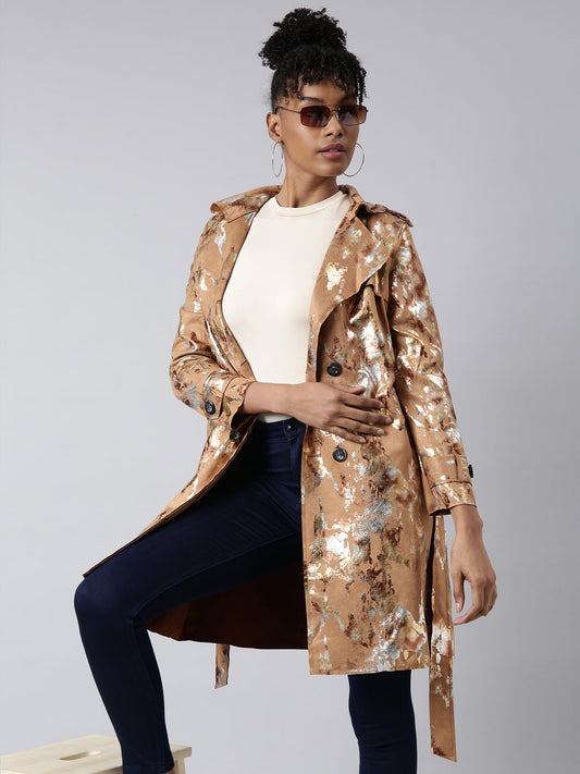 Women's Camel Brown Abstract Printed Longline Trench Coat