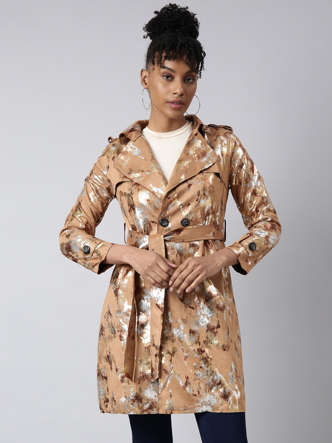 Women's Camel Brown Abstract Printed Longline Trench Coat