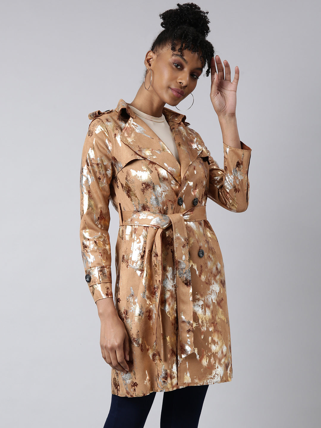 Women's Camel Brown Abstract Printed Longline Trench Coat