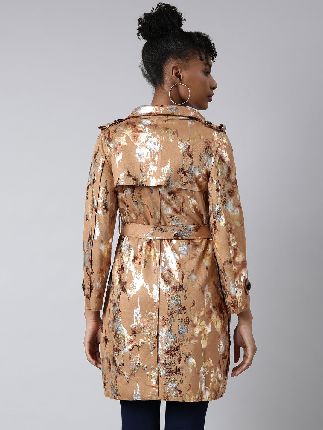Women's Camel Brown Abstract Printed Longline Trench Coat