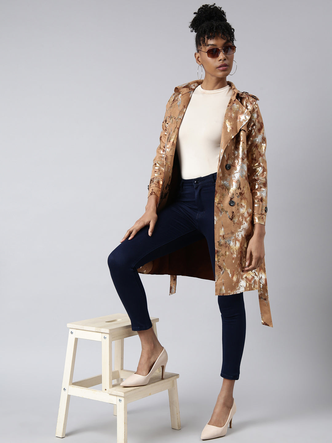 Women's Camel Brown Abstract Printed Longline Trench Coat