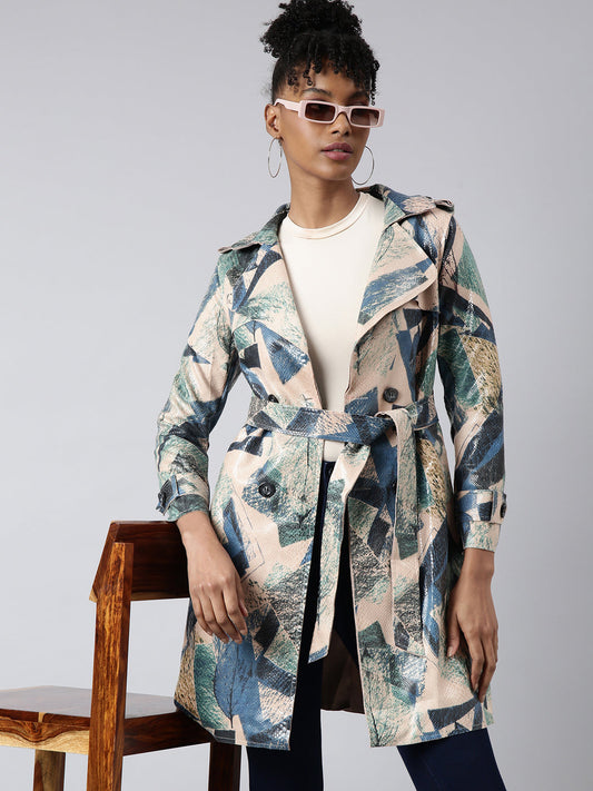 Women's Green Abstract Printed Longline Trench Coat
