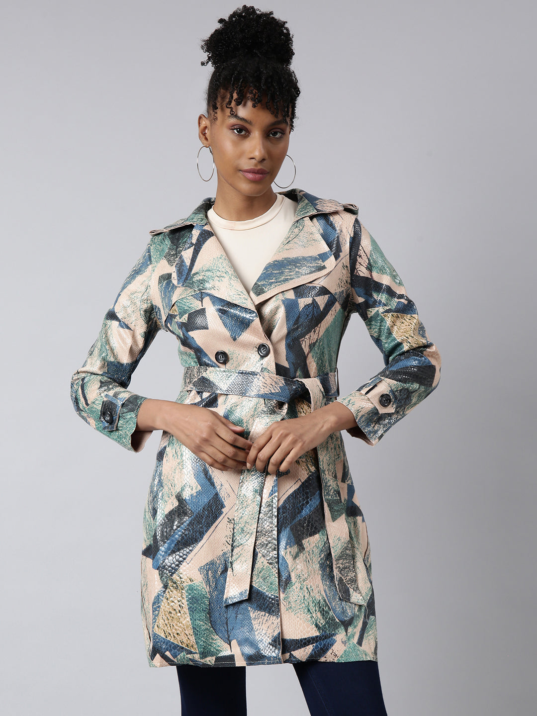 Women's Green Abstract Printed Longline Trench Coat