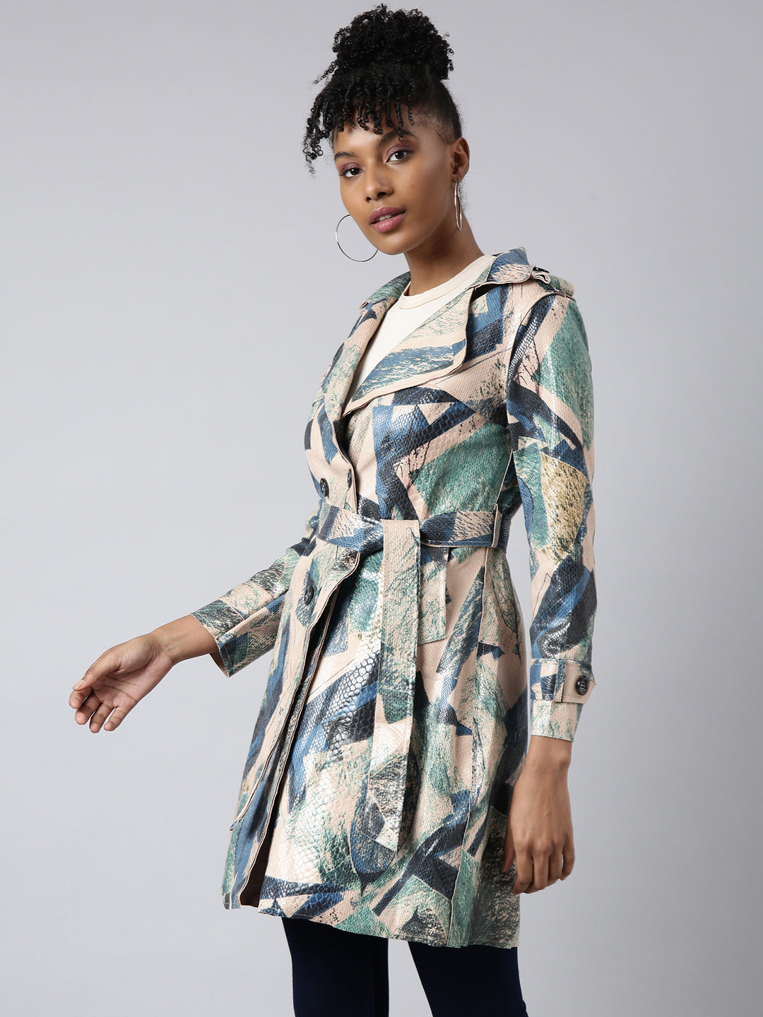 Women's Green Abstract Printed Longline Trench Coat