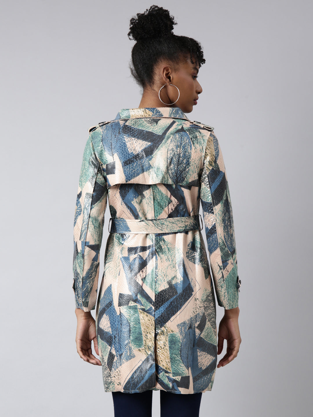 Women's Green Abstract Printed Longline Trench Coat