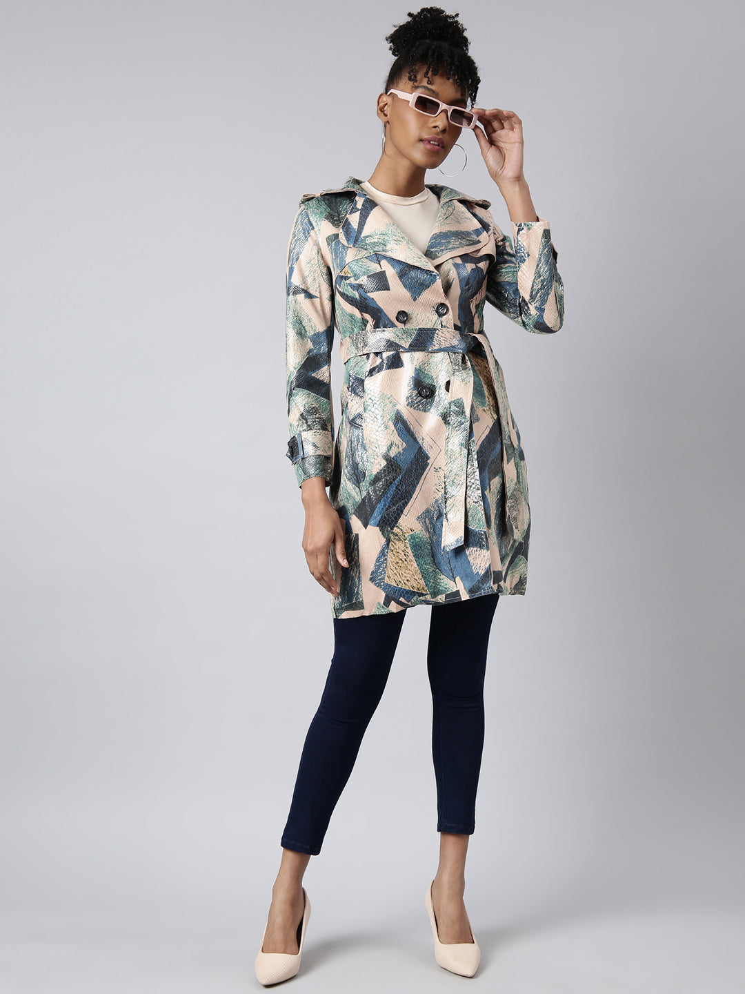 Women's Green Abstract Printed Longline Trench Coat