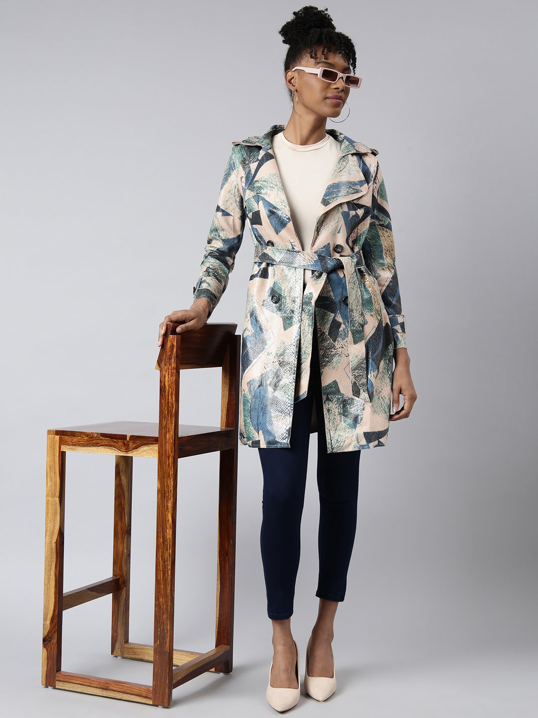 Women's Green Abstract Printed Longline Trench Coat