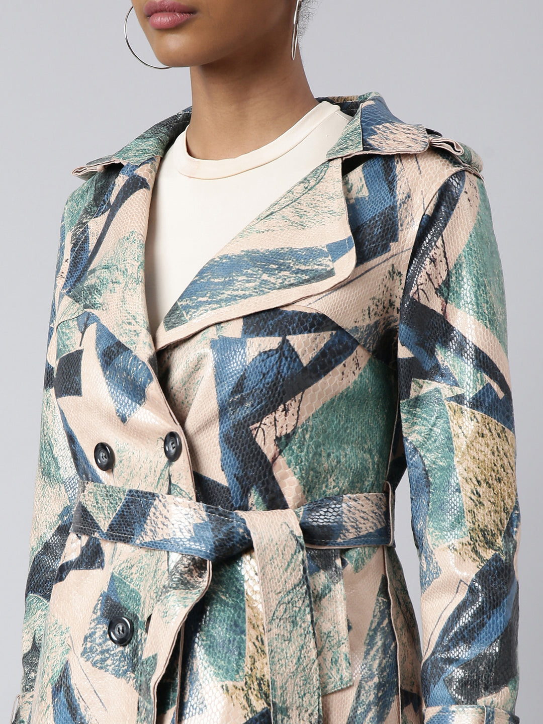 Women's Green Abstract Printed Longline Trench Coat