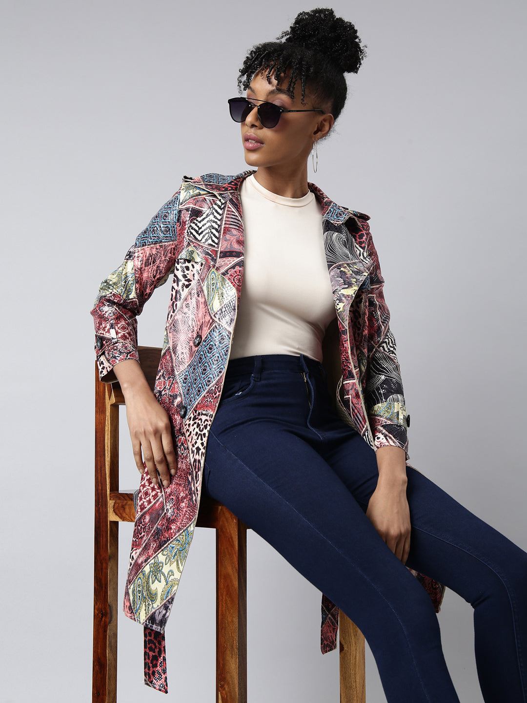 Women's Maroon Floral Printed Longline Trench Coat