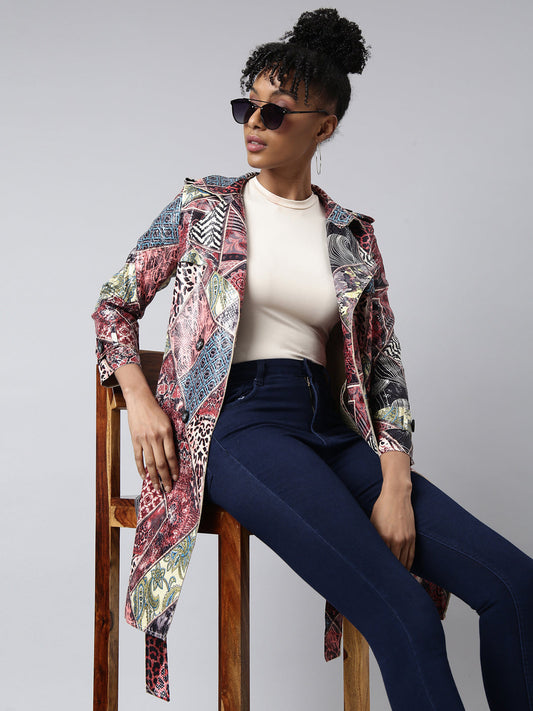 Women's Maroon Floral Printed Longline Trench Coat