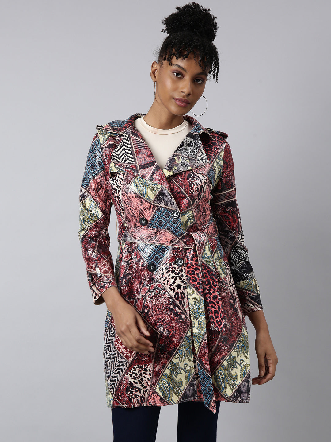Women's Maroon Floral Printed Longline Trench Coat