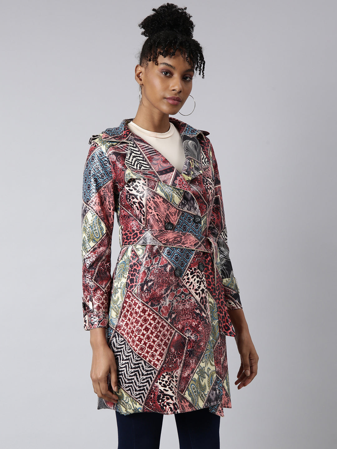 Women's Maroon Floral Printed Longline Trench Coat