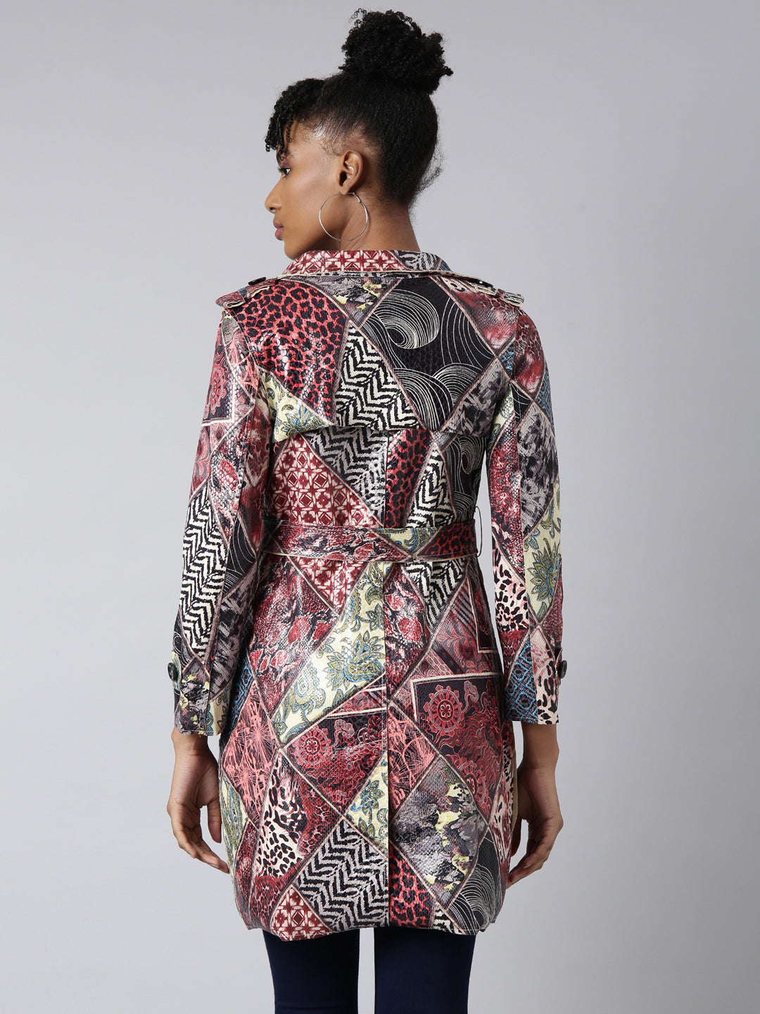 Women's Maroon Floral Printed Longline Trench Coat