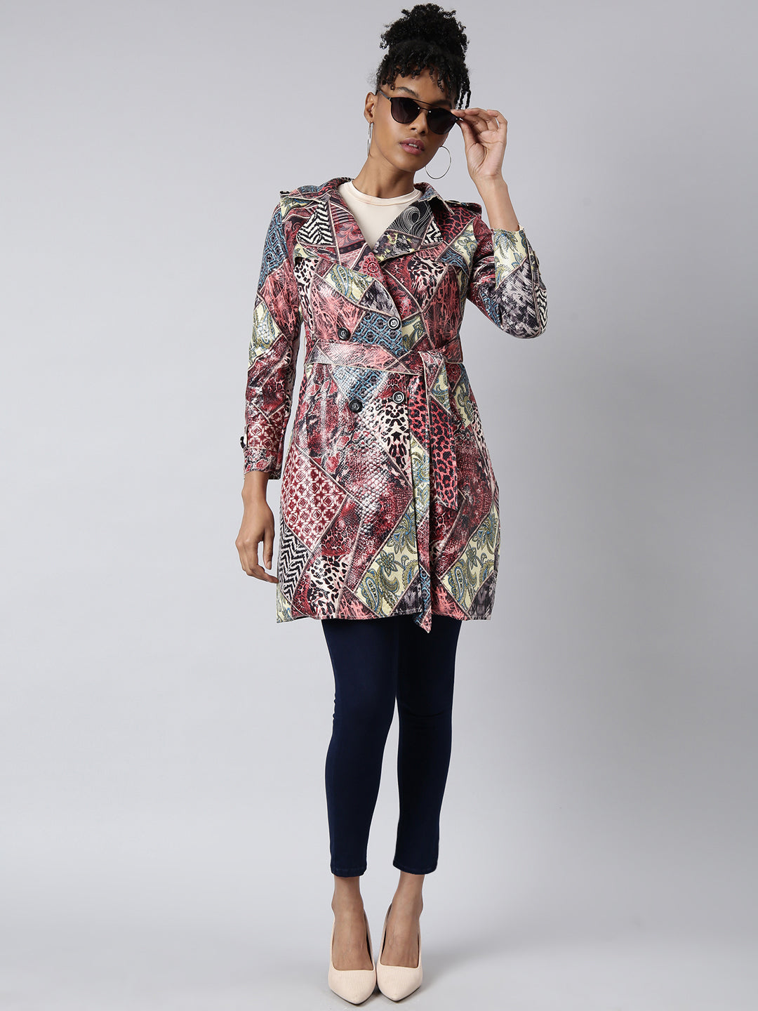 Women's Maroon Floral Printed Longline Trench Coat