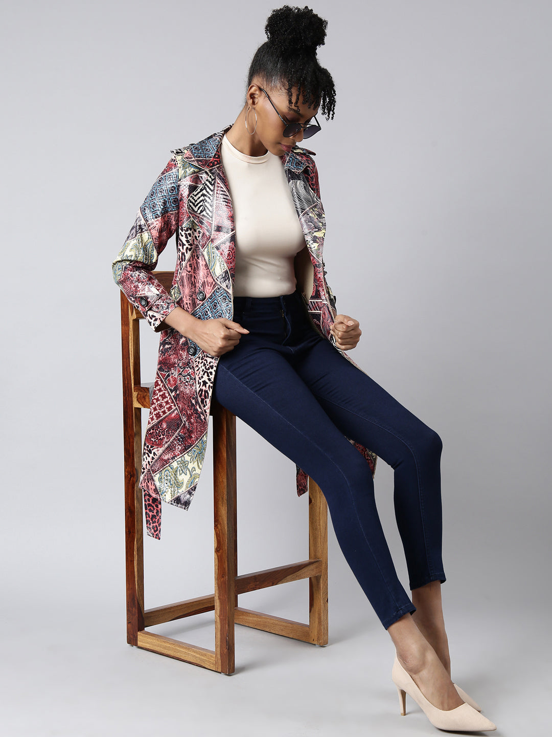 Women's Maroon Floral Printed Longline Trench Coat