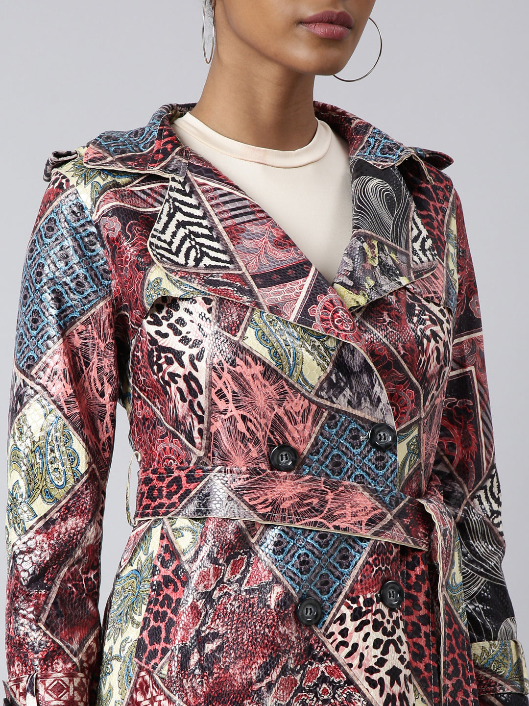 Women's Maroon Floral Printed Longline Trench Coat