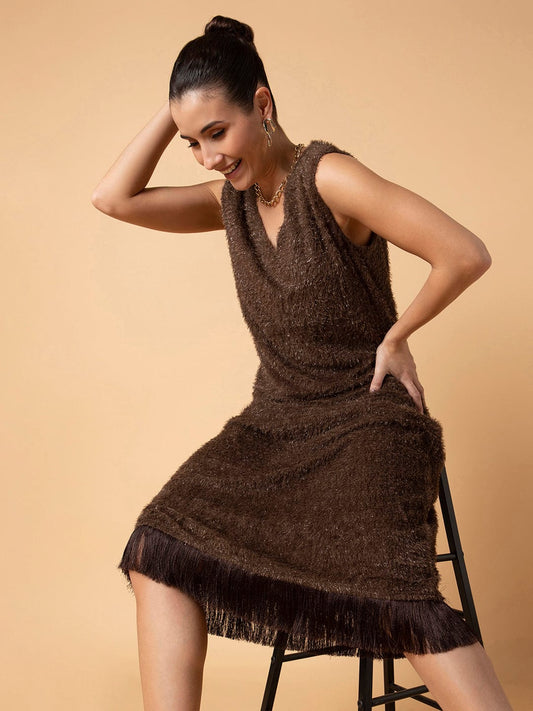 Women's Solid Brown Maxi A-Line Dress