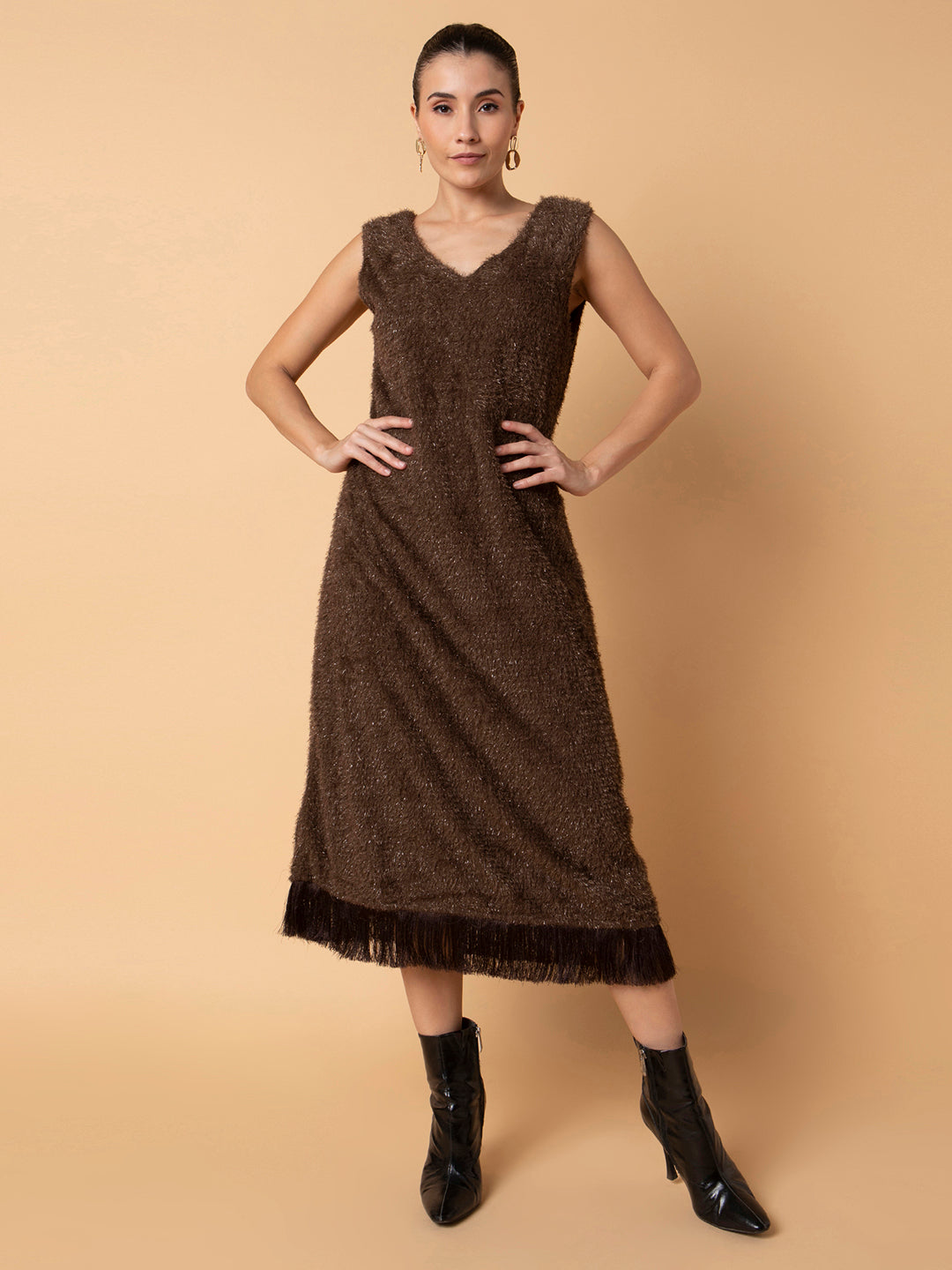 Women's Solid Brown Maxi A-Line Dress