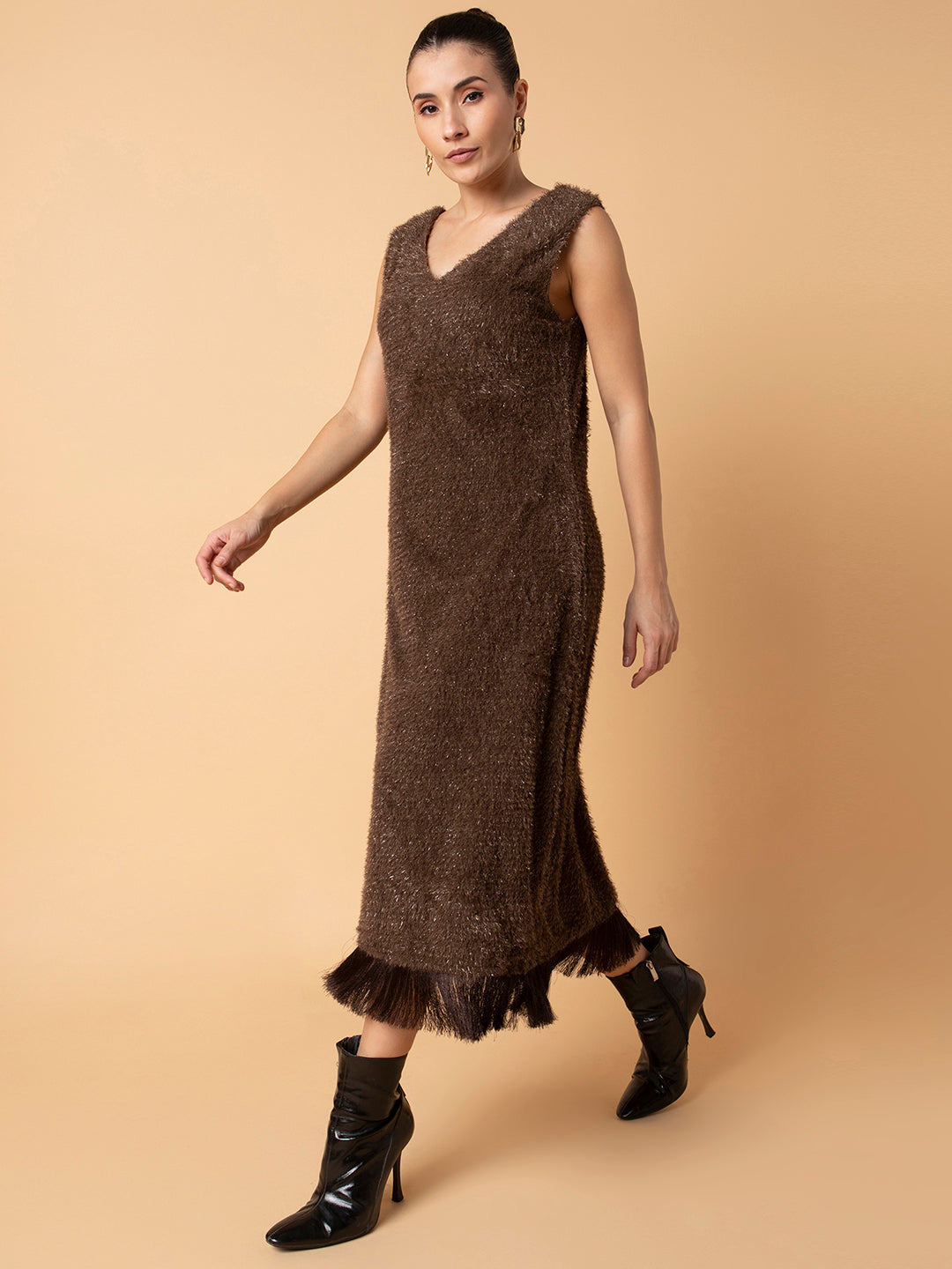 Women's Solid Brown Maxi A-Line Dress