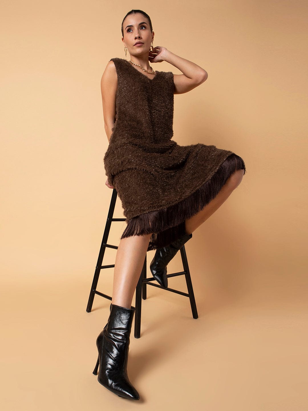 Women's Solid Brown Maxi A-Line Dress