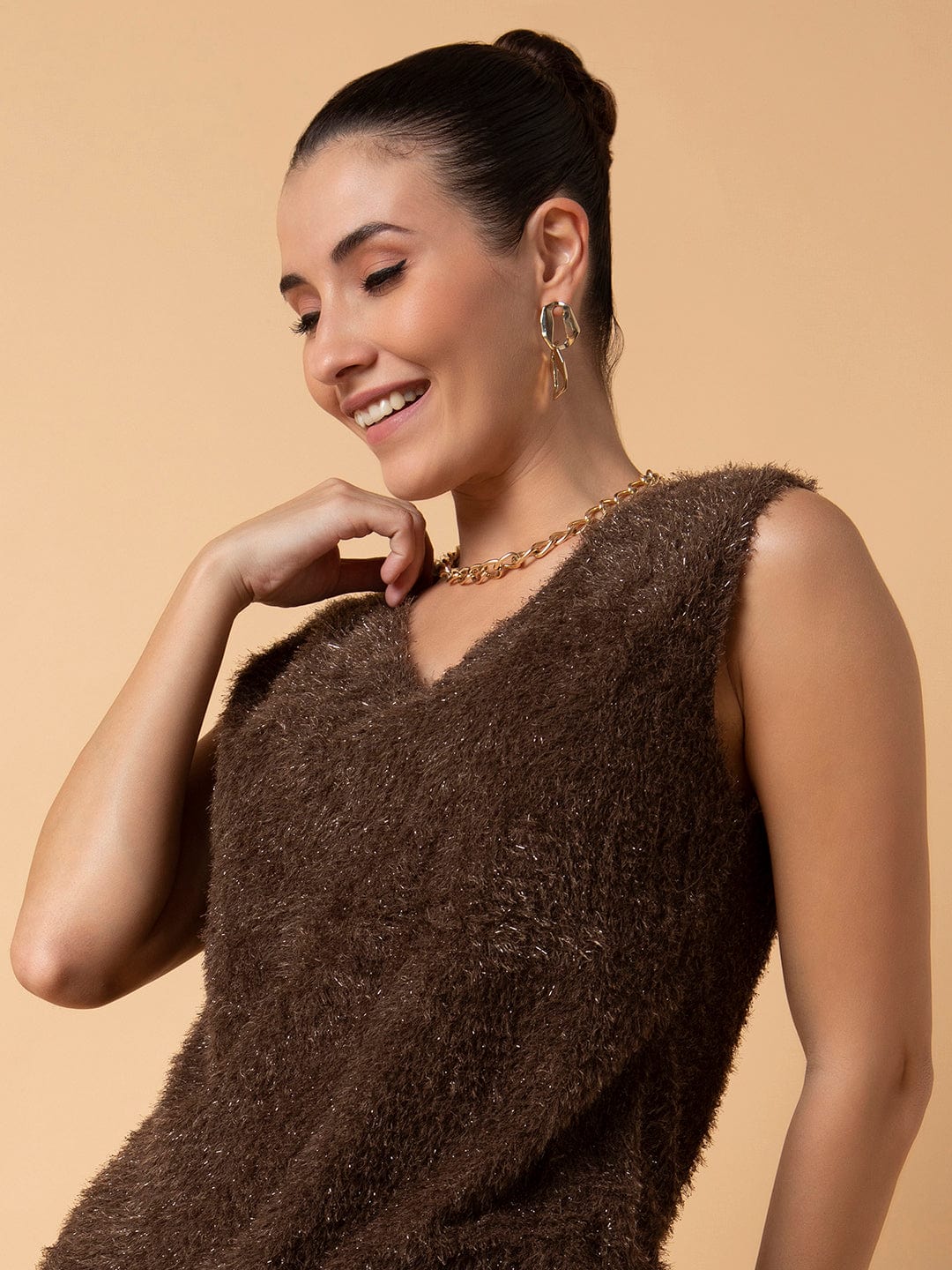 Women's Solid Brown Maxi A-Line Dress