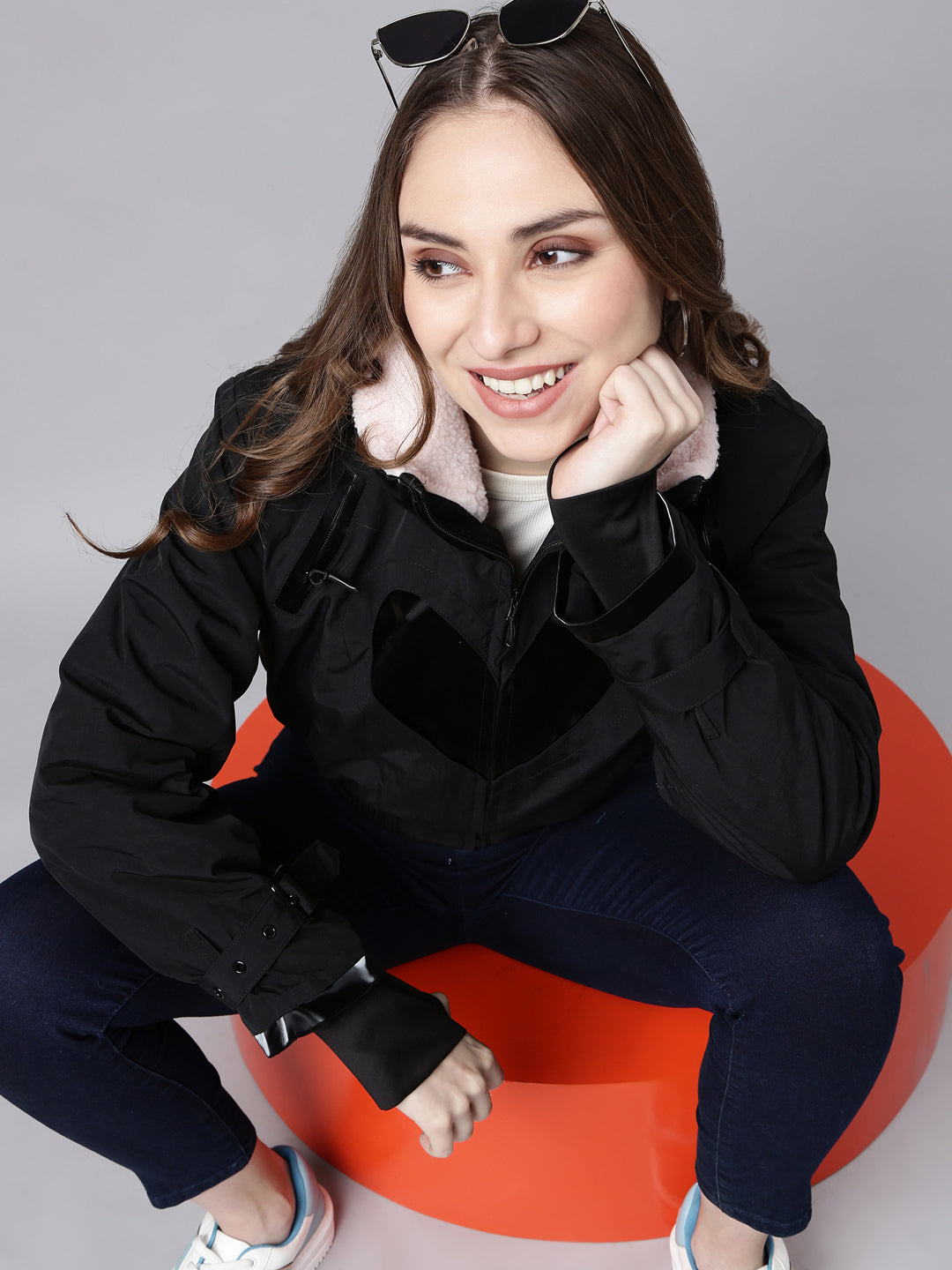 Women's Black Mock Collar Long Sleeves Crop Puffer Jacket