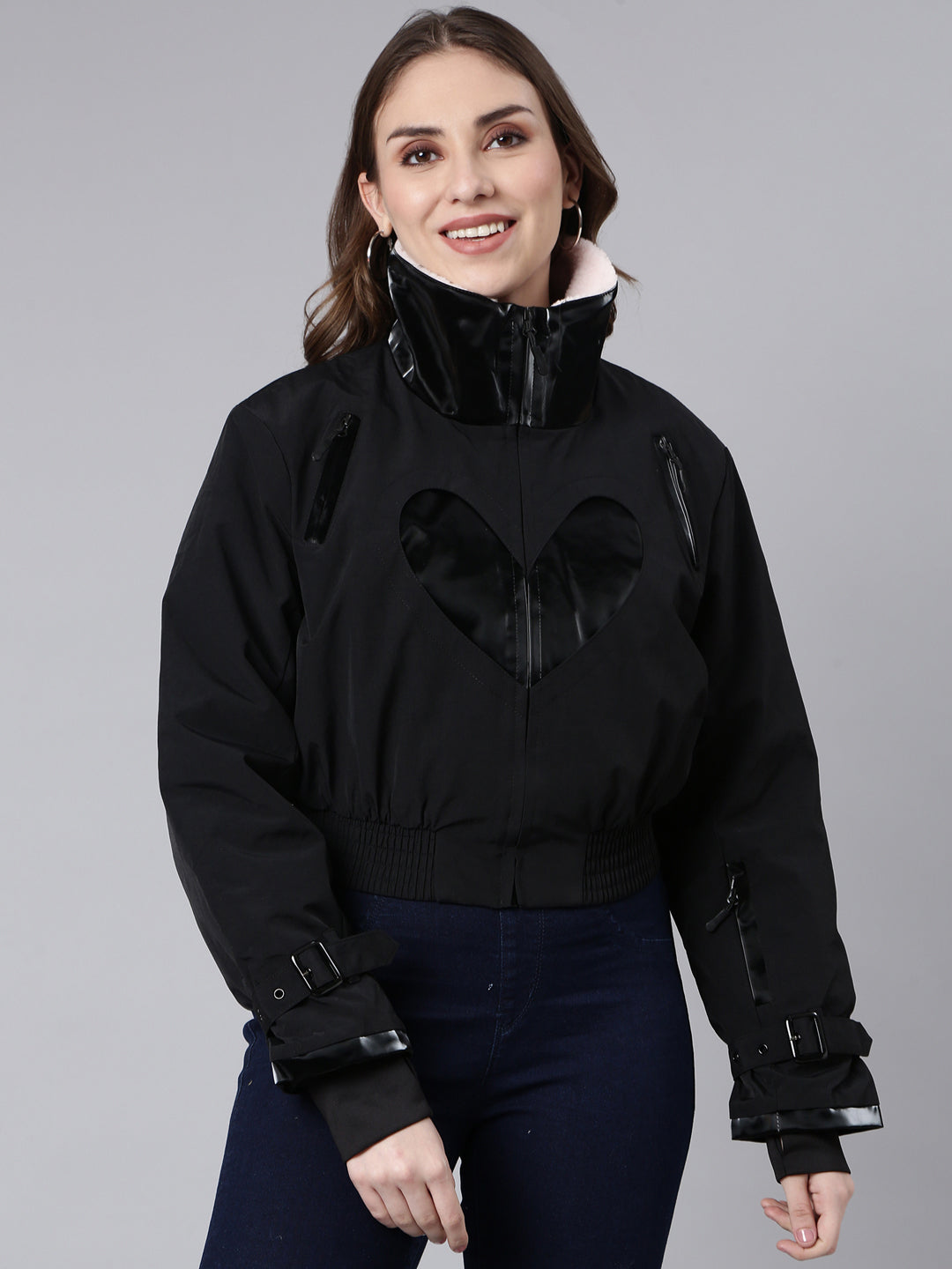 Women's Black Mock Collar Long Sleeves Crop Puffer Jacket