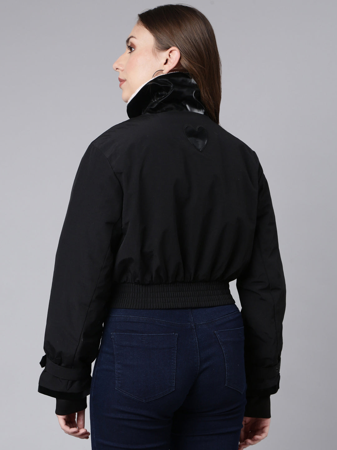 Women's Black Mock Collar Long Sleeves Crop Puffer Jacket