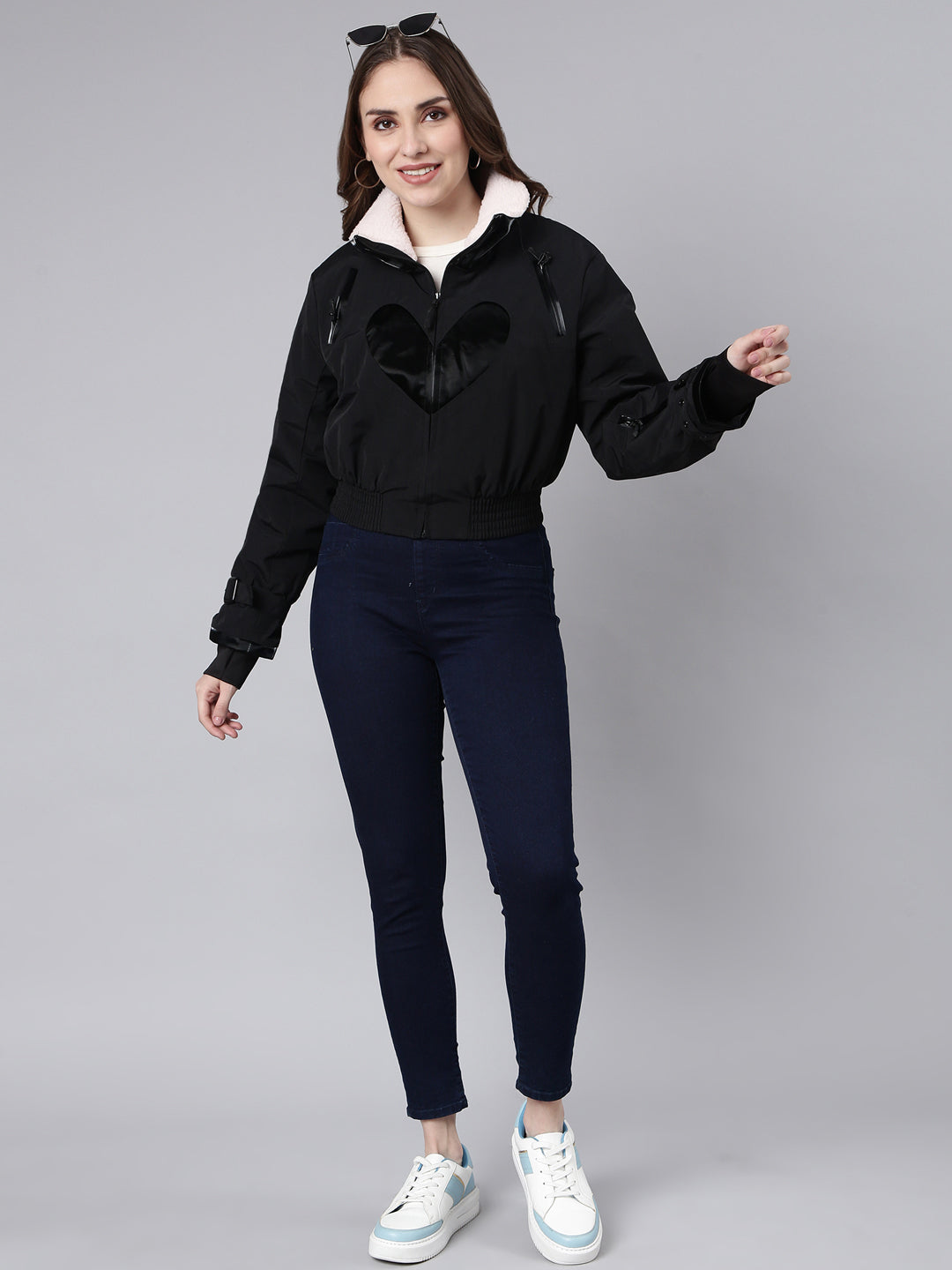 Women's Black Mock Collar Long Sleeves Crop Puffer Jacket