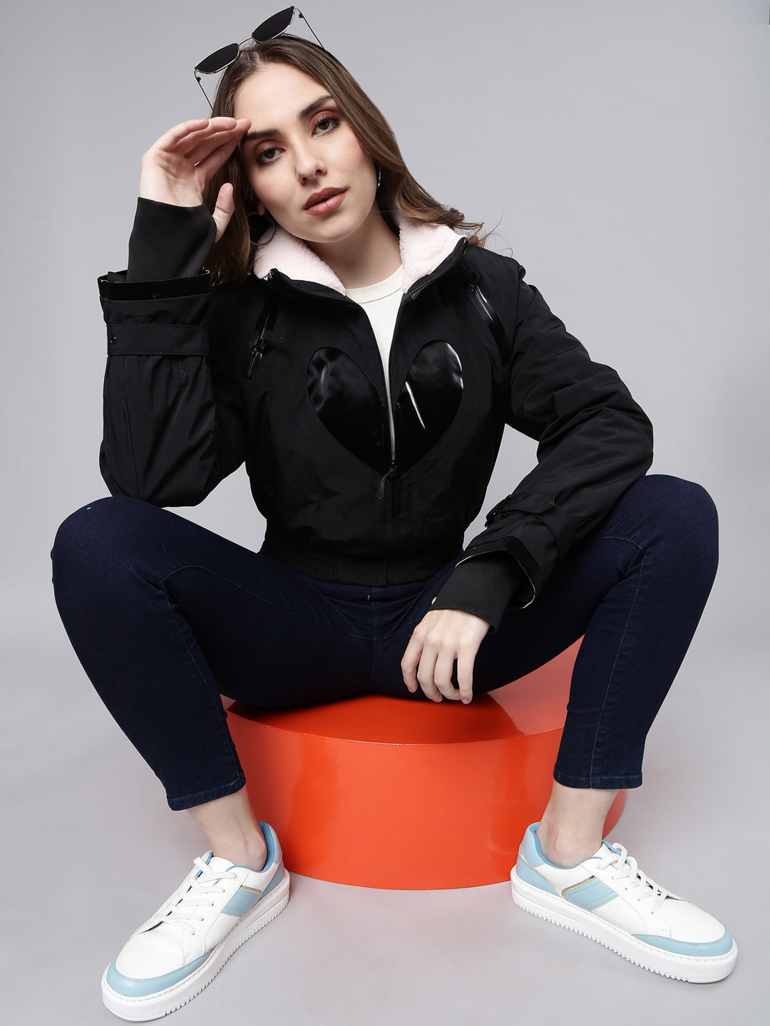 Women's Black Mock Collar Long Sleeves Crop Puffer Jacket